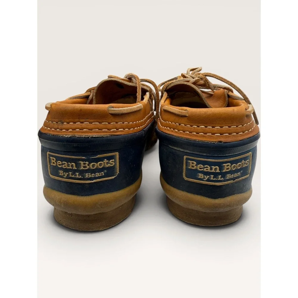 LL Bean Boots Womens 7 Navy Blue Tan Leather Low Gumshoe Duck Boots Made in USA